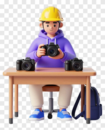 3D Photographer Holding A Camera At A Desk PNG