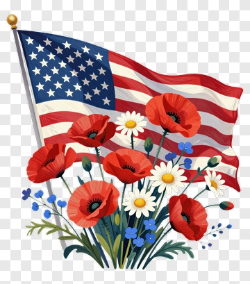 American Flag With Red Poppies And Flowers PNG