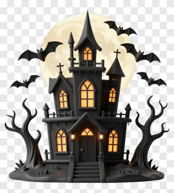 Haunted House With Bats And Full Moon PNG