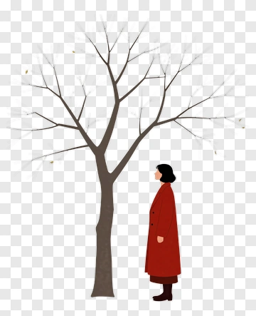 Woman In Red Coat Standing Beside A Bare Tree PNG