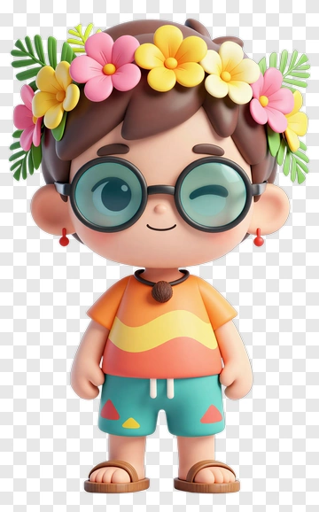 Cartoon Boy Wearing Floral Headband And Summer Outfit PNG