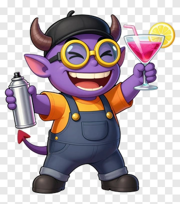 Cartoon Purple Demon Holding A Drink And Spray Can PNG