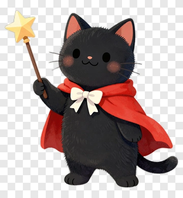 Cartoon Black Cat Holding A Magic Wand PNG