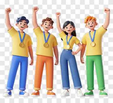 Cartoon Group Of Young Athletes Celebrating With Medals PNG
