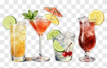Assorted Cocktails With Garnishes And Ice PNG