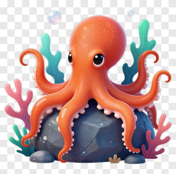 Cartoon Octopus On A Rock With Coral PNG