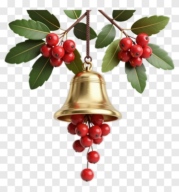 Golden Bell With Red Berries And Green Leaves PNG