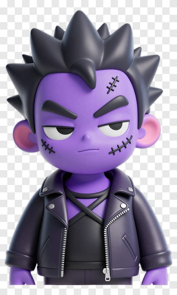 3D Cartoon Character With Purple Skin And Leather Jacket PNG