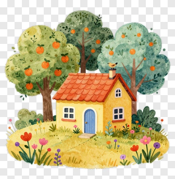 Colorful House Surrounded By Trees And Flowers PNG