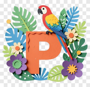 Colorful Parrot On Letter P Surrounded By Flowers And Leaves PNG