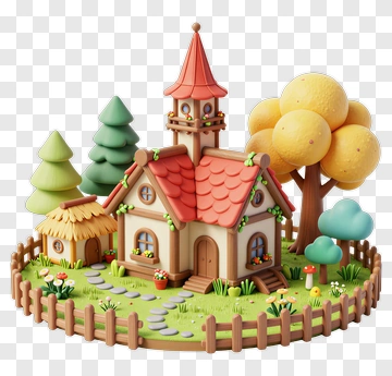 3D Cottage Surrounded By Trees And A Fence PNG