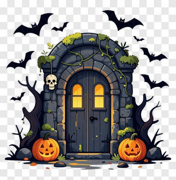 Halloween Door With Pumpkins And Bats PNG