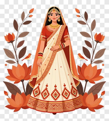 Woman In Traditional Indian Attire Surrounded By Flowers PNG