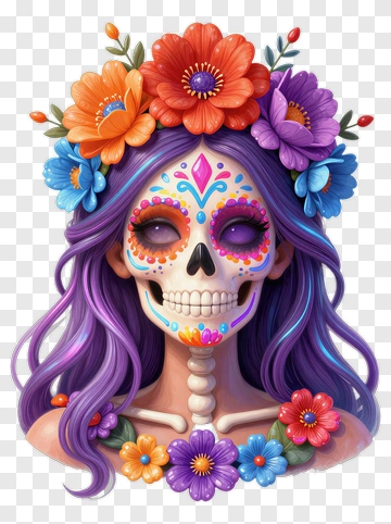Colorful Sugar Skull Woman With Floral Crown PNG