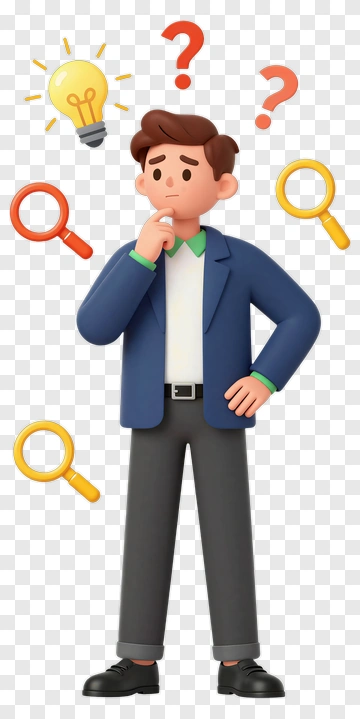 3D Businessman Thinking With Magnifying Glasses PNG