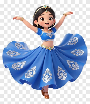 Cartoon Girl In A Blue Dress With Decorative Patterns PNG