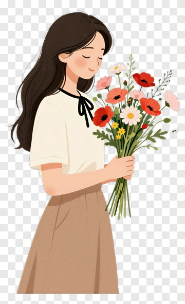 Woman Holding A Bouquet Of Flowers PNG
