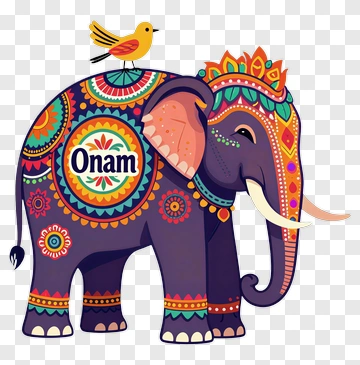 Colorful Elephant With Bird And Onam Decoration PNG