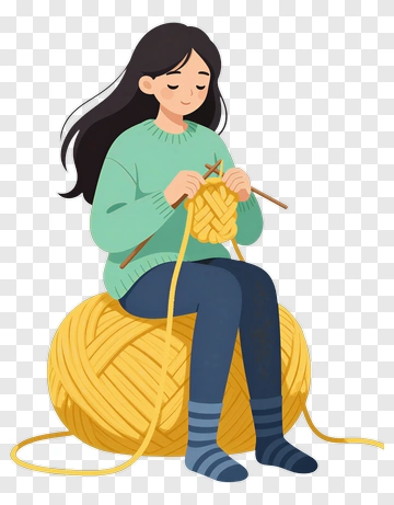 Woman Knitting On A Yarn Ball PNG