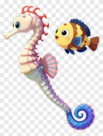 Cartoon Seahorse And Fish PNG