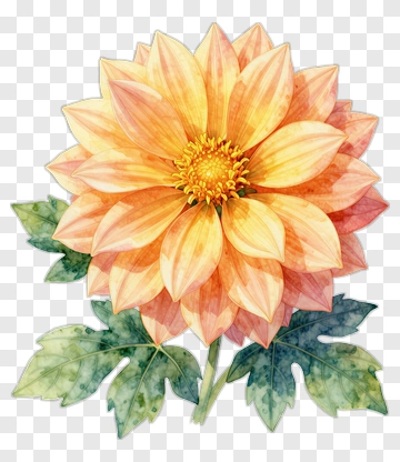 Watercolor Flower With Green Leaves PNG