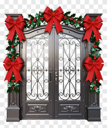 Decorative Holiday Double Door With Bows And Holly PNG