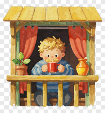 Boy Drinking From A Red Cup At A Window PNG