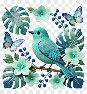 Colorful Bird Surrounded By Flowers And Butterflies PNG