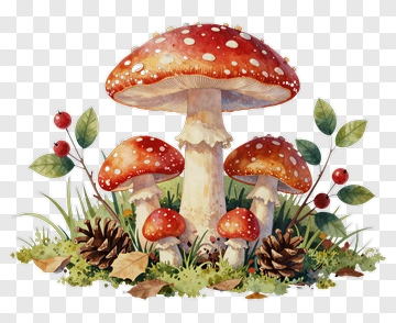 Colorful Mushroom Cluster With Pine Cones And Leaves PNG