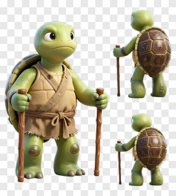 3D Cartoon Turtle Holding A Walking Stick PNG