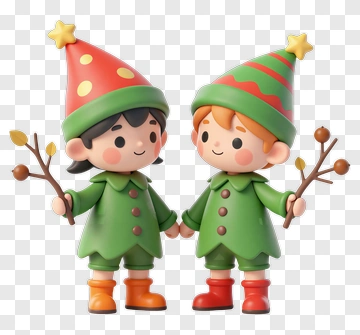 Cartoon Elves Holding Branches PNG