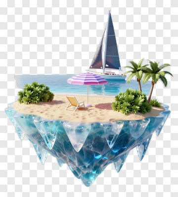 Tropical Island With Sailboat And Beach Chair PNG
