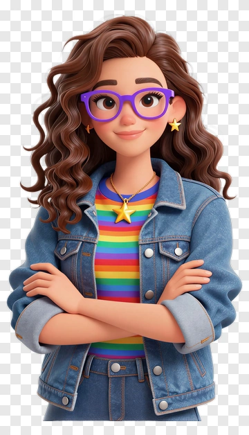 Cartoon Girl With Curly Hair And Glasses PNG