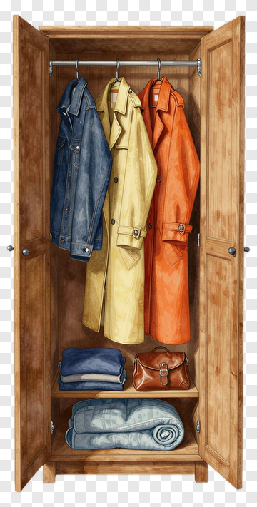 Colorful Coats In A Wooden Wardrobe PNG
