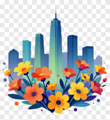 Colorful Cityscape With Flowers PNG