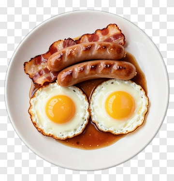 Breakfast Plate With Eggs, Sausages, And Bacon PNG