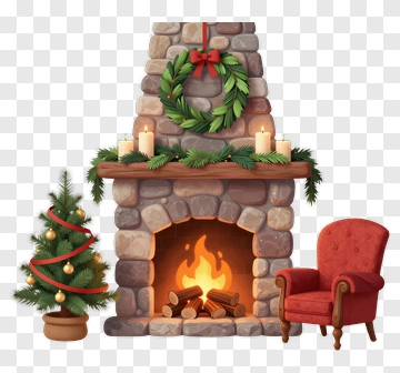 Christmas Fireplace With Tree And Armchair PNG