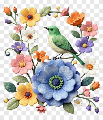 Colorful Bird Among Vibrant Flowers PNG