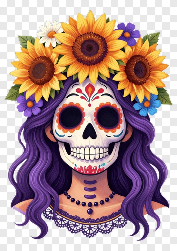 Colorful Sugar Skull Woman With Sunflower Crown PNG