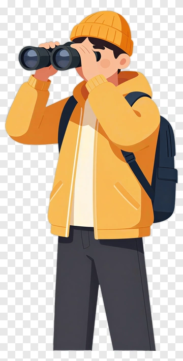 Person Using Binoculars In A Yellow Jacket PNG