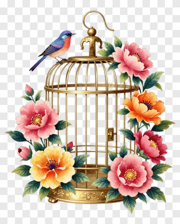 Birdcage Surrounded By Colorful Flowers PNG