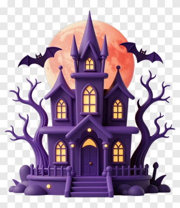 Halloween Haunted House With Bats And Full Moon PNG