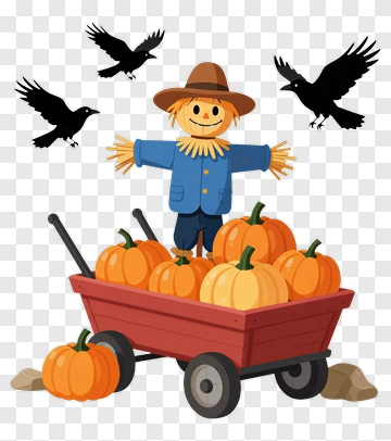 Cartoon Scarecrow With Pumpkins In A Wheelbarrow PNG