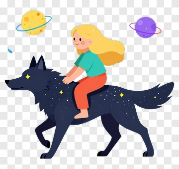 Girl Riding A Black Wolf In Space PNG