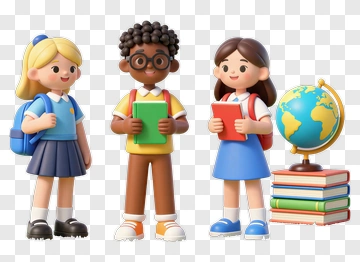 3D School Children With Books And A Globe PNG