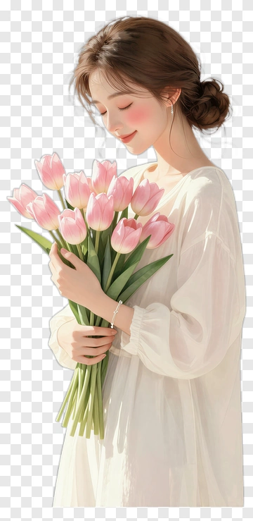Woman Holding A Bouquet Of Pink Tulips PNG