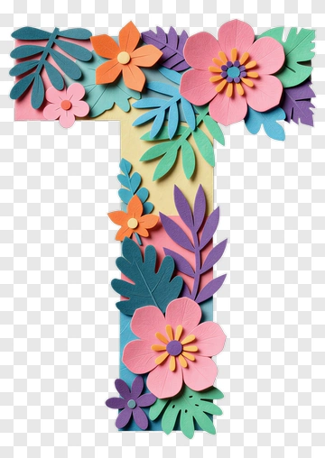 Colorful Paper Letter T With Flowers And Leaves PNG