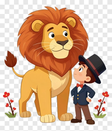 Cartoon Boy Standing Beside A Lion PNG