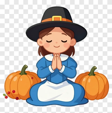 Cartoon Girl In Pilgrim Dress With Pumpkins PNG