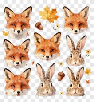 Fox And Rabbit Faces With Autumn Leaves And Acorns PNG